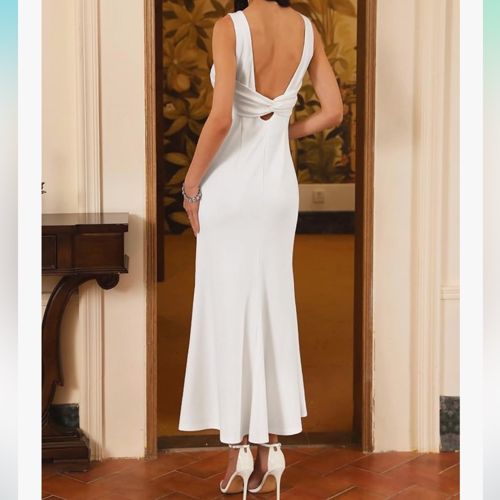 White sleeveless, low back, maxi dress
